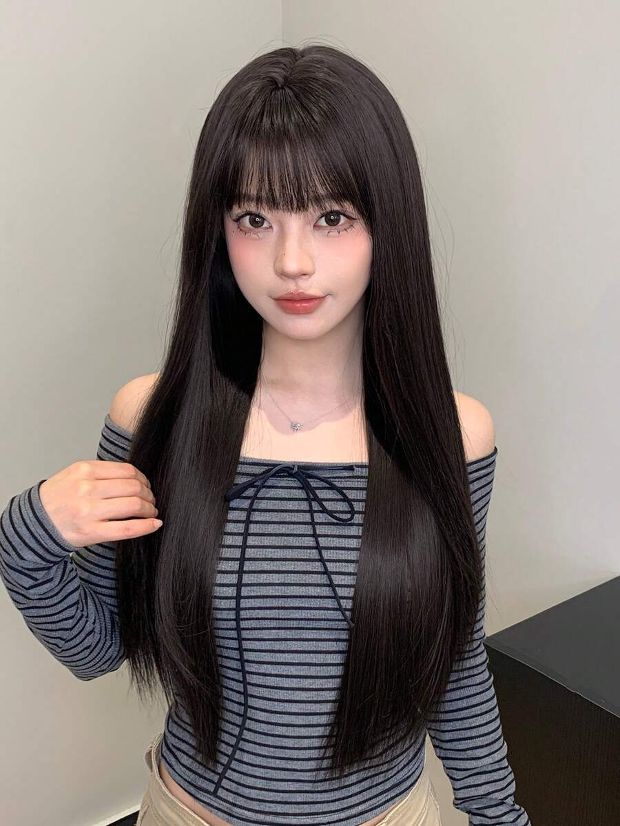 alicegarden 1 合成耐热直发假发，黑棕色刘海式假发，28 英尺长，日常使用，自然逼真的假发 - 黑棕色 - 查看 1