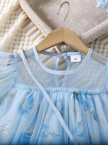 女童灯笼袖花卉网眼印花 A 字裙，可爱娃娃裙配斜挎包，夏季 - 藍色 - 查看 3