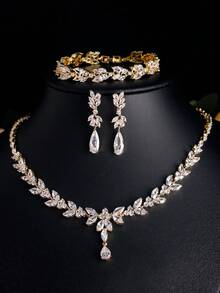 rakol Elegant Lady Jewelry Set: 1 Necklace + 1 Bracelet + 2 Earrings, Featuring Copper Zirconia 18K Gold Plated Perfect For Wedding Brides And Valentine'S Day Gifts - 首飾套裝 - 查看 1