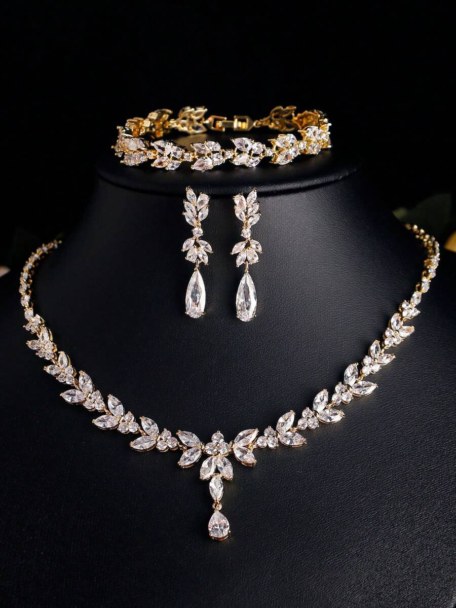 rakol Elegant Lady Jewelry Set: 1 Necklace + 1 Bracelet + 2 Earrings, Featuring Copper Zirconia 18K Gold Plated Perfect For Wedding Brides And Valentine'S Day Gifts - 首飾套裝 - 查看 1