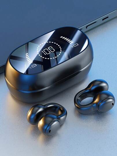 سماعات أذن لاسلكية صغيرة بمشبك، سماعات أذن مفتوحة، نظام نقل صوتي بالهواء، شاشة رقمية LED ذات شاشة كبيرة، ستيريو عالي الجودة مع ميكروفون مدمج للرياضة والجري والدراجة (متوافقة مع أندرويد و iOS)