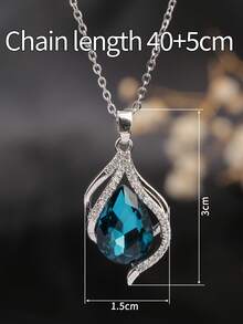 1 chiếc vòng cổ mặt hình giọt nước màu vàng 18K đính đá Cubic Zirconia màu xanh, thép không gỉ, phù hợp cho phụ nữ dự tiệc và đeo hàng ngày - Bạc - Xem 4