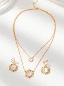1set Elegant Hexagon Mother-Of-Pearl Necklace & Earrings Jewelry Set, Perfect For Parties And Daily Wear