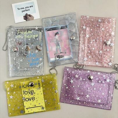 2 口袋星星卡夹，带钥匙扣的 PVC 零钱包，透明/紫色/粉色/激光小卡片收纳盒，学校用品，返校