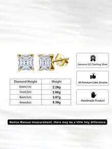 1pair Graceful 925 Sterling Silver Stud Earrings With Dazzling Square-Cut Zirconia, Accessory For Ear Elegant And Refined Jewelry For Every Fashion-Forward Woman, The Perfect Gift For Birthdays Or Anniversaries