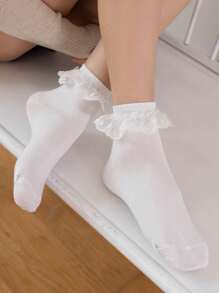 1 par de calcetines versátiles de media pantorrilla con encaje y pentágrama para mujer, color blanco, para todas las estaciones