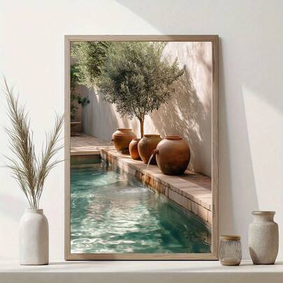 1pc Mediterranean Pool Pattern Printed, Rustic Terracotta Wall Art, Suitable For Home Office, Living Room, Bedroom And Dining Room Decor, Frame Not Included