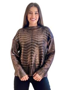 Women's Knitted Blouse Round Neck Ribbed Metallic Shine Winter Striped Wool-Like Fabric Knitted Contrasted Waistband Daily Night Holiday Travel - 鏽棕色 - 查看 2