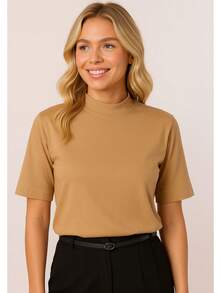 Kit 3 T Shirt High Neck Oversize Sleeve Women's High Neck Blouse Short Sleeve Plain Basic T-Shirt Black White Nude - 米色 - 查看 6