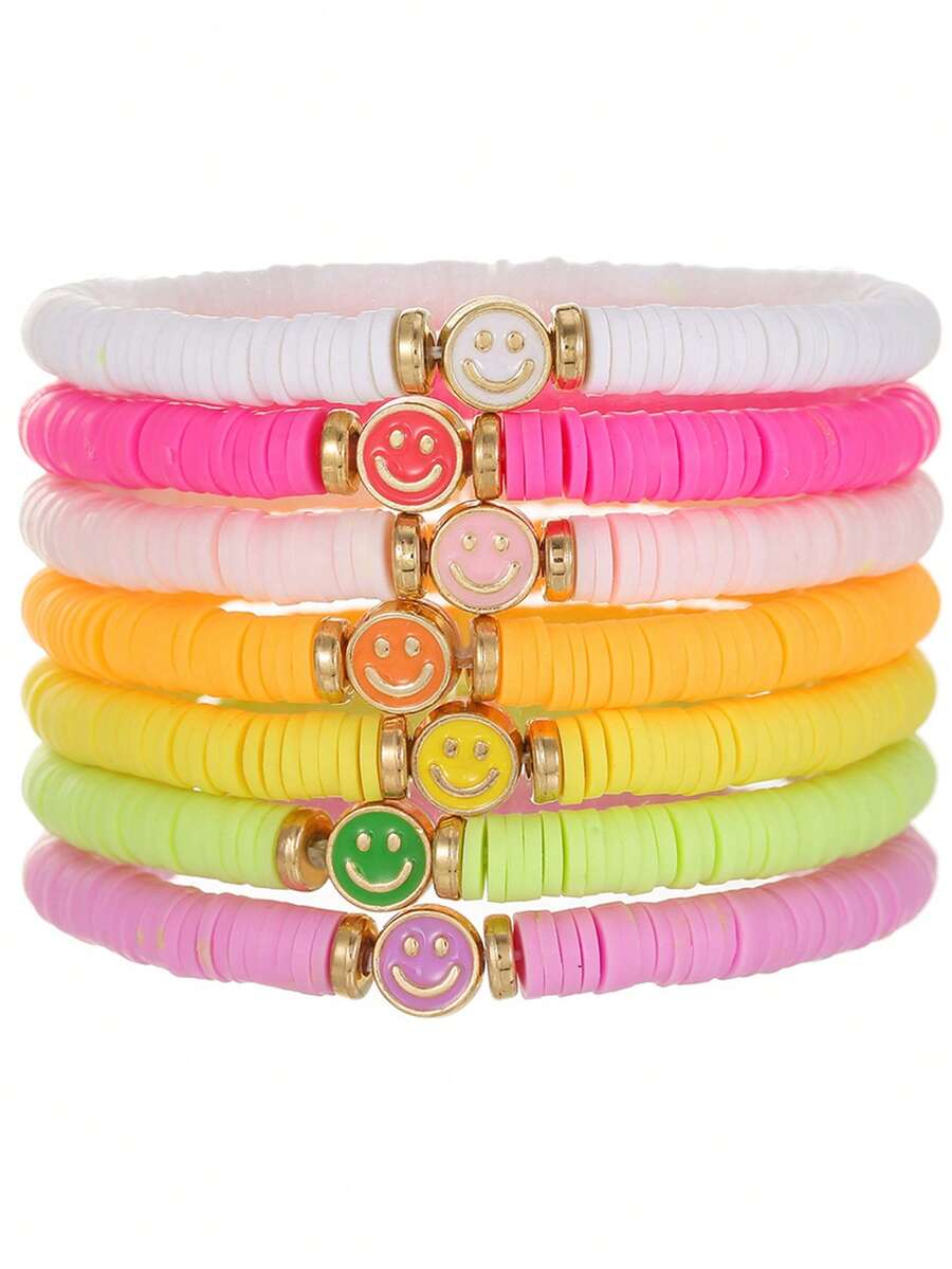 7pcs Bohemian Style Rainbow Alloy Smiling Face Polymer Clay Bracelet Set, Suitable For Girls Everyday Wear And Parties - Multicolor - View 1