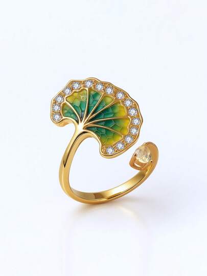 S925 Sterling Silver Colorful Enamel Ginkgo Leaf Ring, Suitable For Women Everyday Wear, Gift For Girlfriend, Wife, Mother Birthday Anniversary