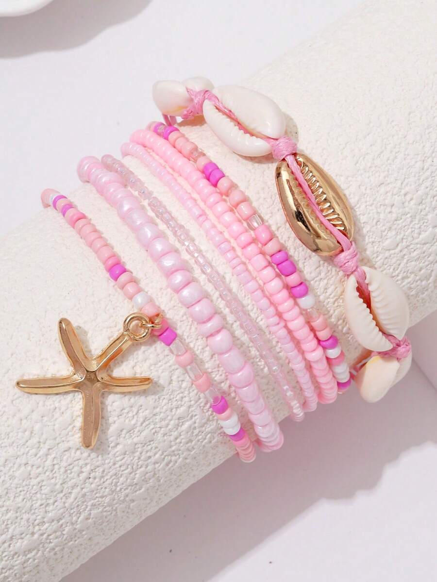 7 件套波西米亚贝壳和种子珠手链，配海星吊饰，混色，适合女士 - 粉色 - 查看 1