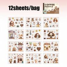 12 Sheets/Book Sticker Book Coffee Party Series Coffee Scenery PET Sticker Book, Scrapbook Supplies, Notebook Accessories, Decorative Notebooks, Photo Frames, Phone Cases, Water Cups, Junk Magazines, Pencil Cases, DIY Personalized Stickers, School Supplies, Back To School