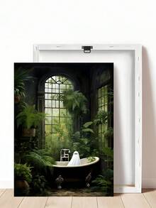 1 Stück Moderne Geisterspitze im Fenster, Pflanzenliebling Geist, Innenraumdrucksache, Dark Academia Dekoration, Blumen druckbar, Gotische Vintage Malerei, Geist nimmt Bad in der Badewanne, Grüner floraler Badezimmer-Muster, Botanisches Bad-Interieur, Badewanne Cottagecore Dark Academia druckbare Dekoration Vintage Poster, Halloween Zimmer Dekoration