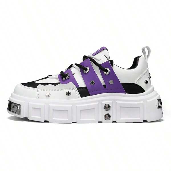 Herren weiße Freizeitschuhe, bequeme Sportschuhe mit Metall Pentagramm Schnallen Dekor, Plateausohle, Punk Niet Design, haltbare und modische Laufschuhe, geeignet für alle Jahreszeiten