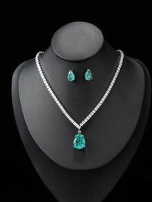 1 Set de 3 piezas Joyería de Moda de Alta Gama Minimalista con Collar y Aretes de Circonita, Colgante en Forma de Gota de Agua, Vestido de Novia Boda Compromiso Fiesta de Noche Vacaciones Uso Diario Regalo para Mujeres - gotitas de agua - Ver 1