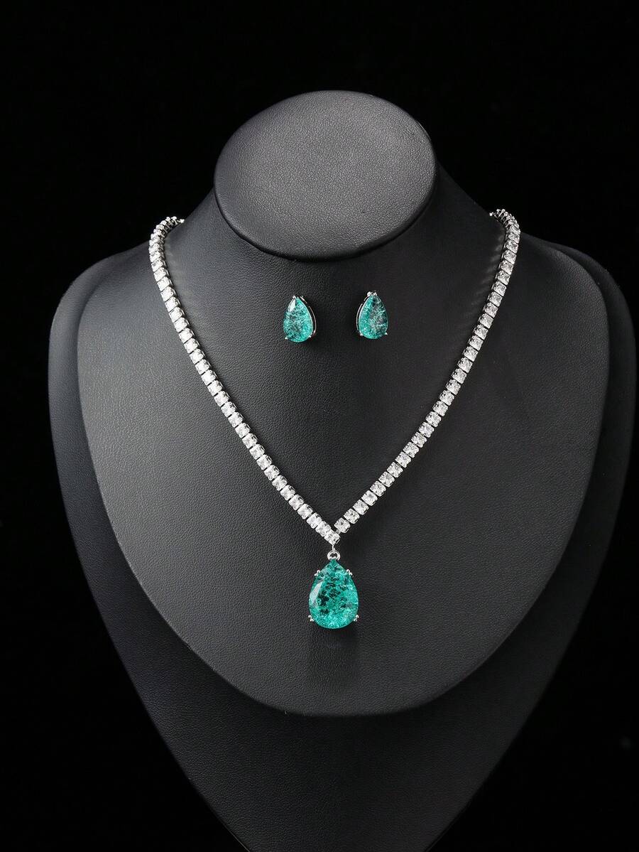 1 Set de 3 piezas Joyería de Moda de Alta Gama Minimalista con Collar y Aretes de Circonita, Colgante en Forma de Gota de Agua, Vestido de Novia Boda Compromiso Fiesta de Noche Vacaciones Uso Diario Regalo para Mujeres - gotitas de agua - Ver 1