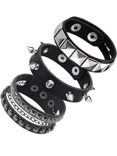 Xiacheng 3pcs/Set Punk Rock Rivet Bracelet Set, Spiked Leather Cuff Bracelets, Unisex, 80s Wristband, Emo Bracelet, Adjustable