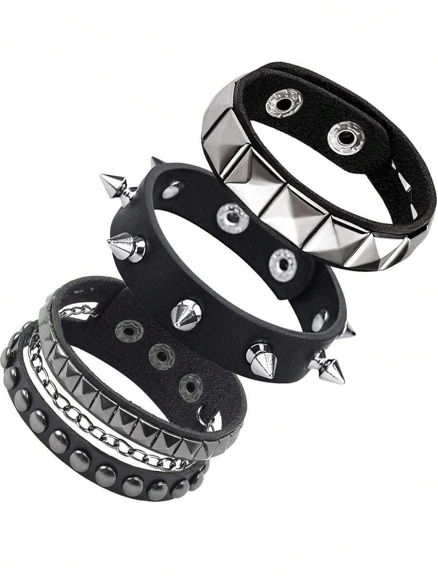 Xiacheng 3 Pcs Punk Rock Studded Bracelet Set Spiked Leather Cuff Bracelet For Men Women 80s Wristband Emo Bracelet Adjustable - Black - View 1