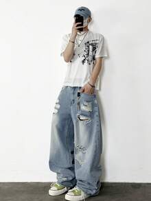 1 chiếc quần jeans nam Hearty Haven kiểu dáng đường phố Mỹ, dáng rộng, ống rộng, chất liệu denim bạc màu (không kèm thắt lưng và phụ kiện) - Màu xanh lam - Xem 5