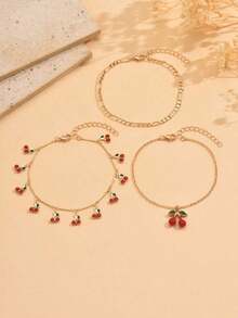 3pcs/Set Sweet Cherry Pendant Anklet, Cute Cherry Tassel Foot Jewelry Fashion Anklet Set, Suitable For Daily Wear, Beach Party, Dating - 彩色 - 查看 2