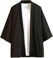 Men Japanese Kimono Coat Loose Yukata Outwear Long Bathrobe Tops Vintagehalloween - Đen ngắn - Xem 1