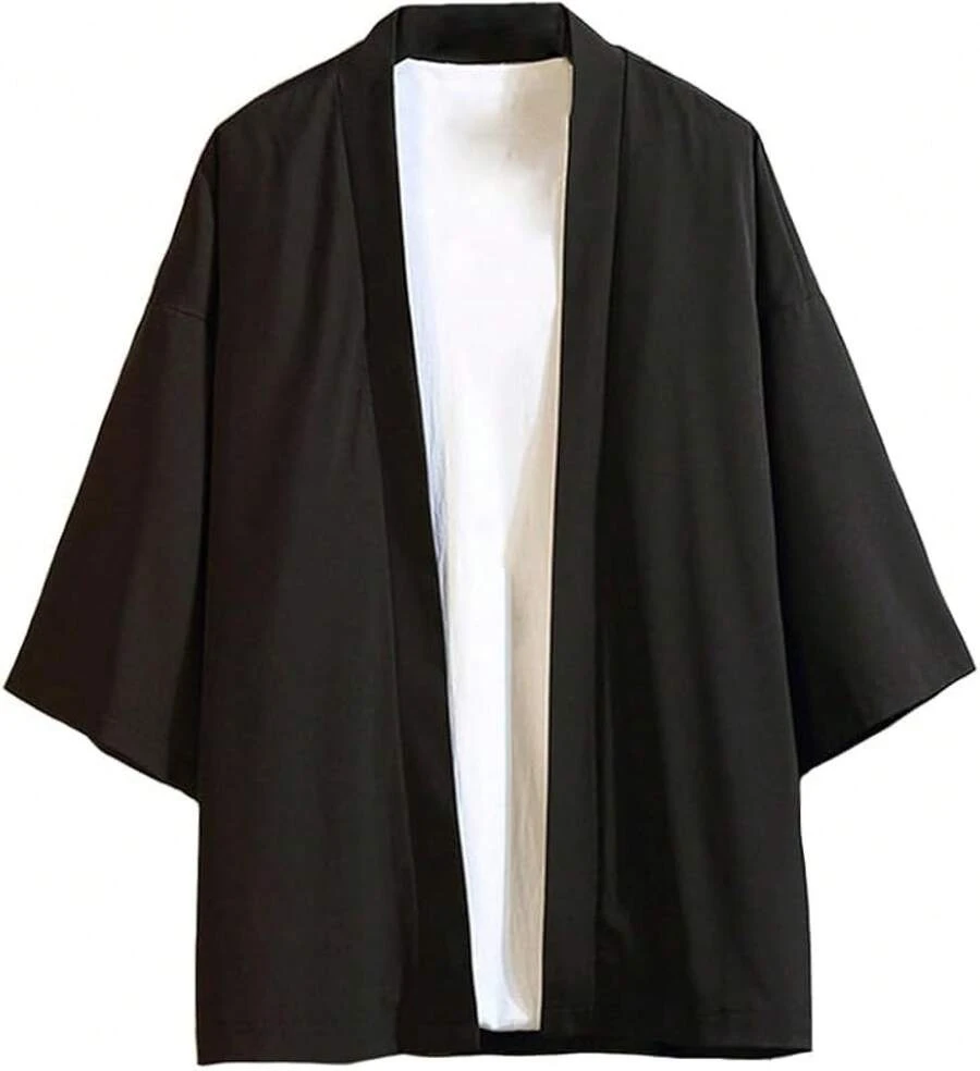 Men Japanese Kimono Coat Loose Yukata Outwear Long Bathrobe Tops Vintagehalloween - Đen ngắn - Xem 1