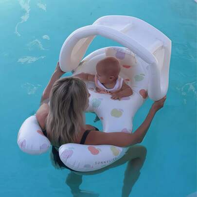 Koło do pływania dla dzieci, podwójne koło do pływania dla matki i dziecka, interaktywne pływające siedzisko dla rodzica i dziecka, łódka z osłoną przeciwsłoneczną dla niemowląt, nadmuchiwany skuter wodny z dzwonkami, na zewnątrz