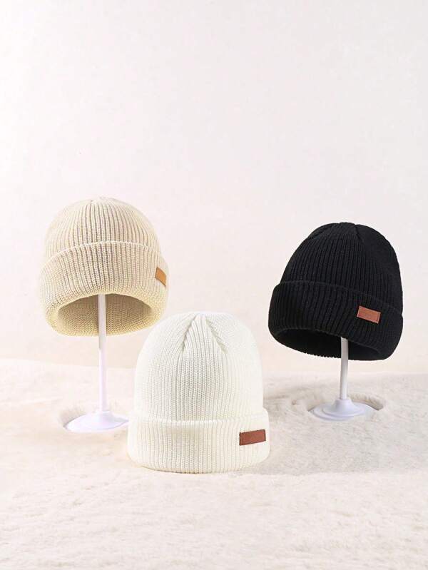 1/3 confezioni di berretti invernali unisex in pelle con toppe, beanie a coste lavorati a maglia con bordo arrotolato, cappelli da uomo adatti per attività all'aperto