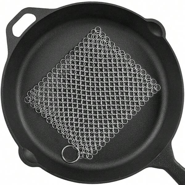 Escova Altamente Eficaz para Limpeza de Ferro Fundido - Design de Corrente de Aço Inoxidável, Adequada para Todos os Tipos de Frigideiras, Grelhas e Utensílios de Cozinha Grandes, Versátil e Durável, Design de Alça para Pendurar e Armazenar Facilmente, Secagem Rápida