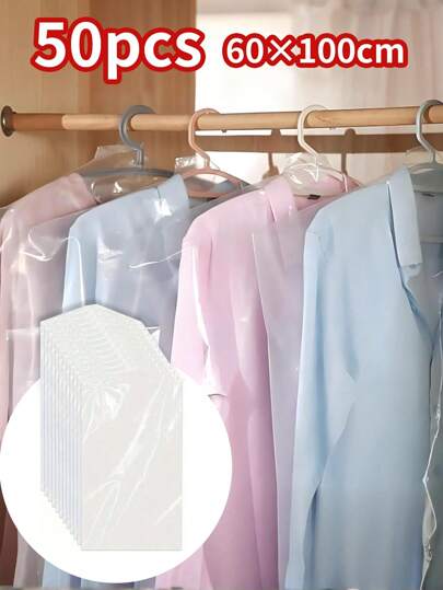 Buste per indumenti appendibili, set di 50 buste per abiti a prova di polvere, coperture per indumenti in plastica trasparente, usa e getta, con taschino appendibile, articoli per la casa