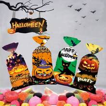 50pcs OPP Transparent Halloween Candy Bags Set, Pumpkin & Witch Halloween Elements Colorful Printed Gift Packaging Bags, Ribbons For Party Favors
