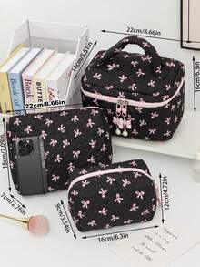 This Pleated Bow Makeup Bag Is Decorated With A Faux Pearl Butterfly Pendant, Has A Casual Large Capacity Design, And Contains A Flat Storage Bag And A Nail Polish Storage Bag, Suitable For Storing Sanitary Napkins, Liners, Wired Headphones, Headphones, Chargers, Lipsticks, Cosmetics And Home Decor Items. - Black - View 5