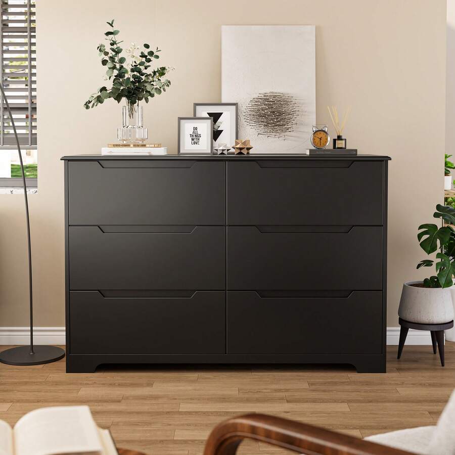 6 Drawer Dresser For Bedroom, Modern Wood Chest Of Drawers With Cut-Out Handles, Accent Cabinet With Wide Double Drawers For Living Room, Entryway,Black - 黑色 - 查看 1