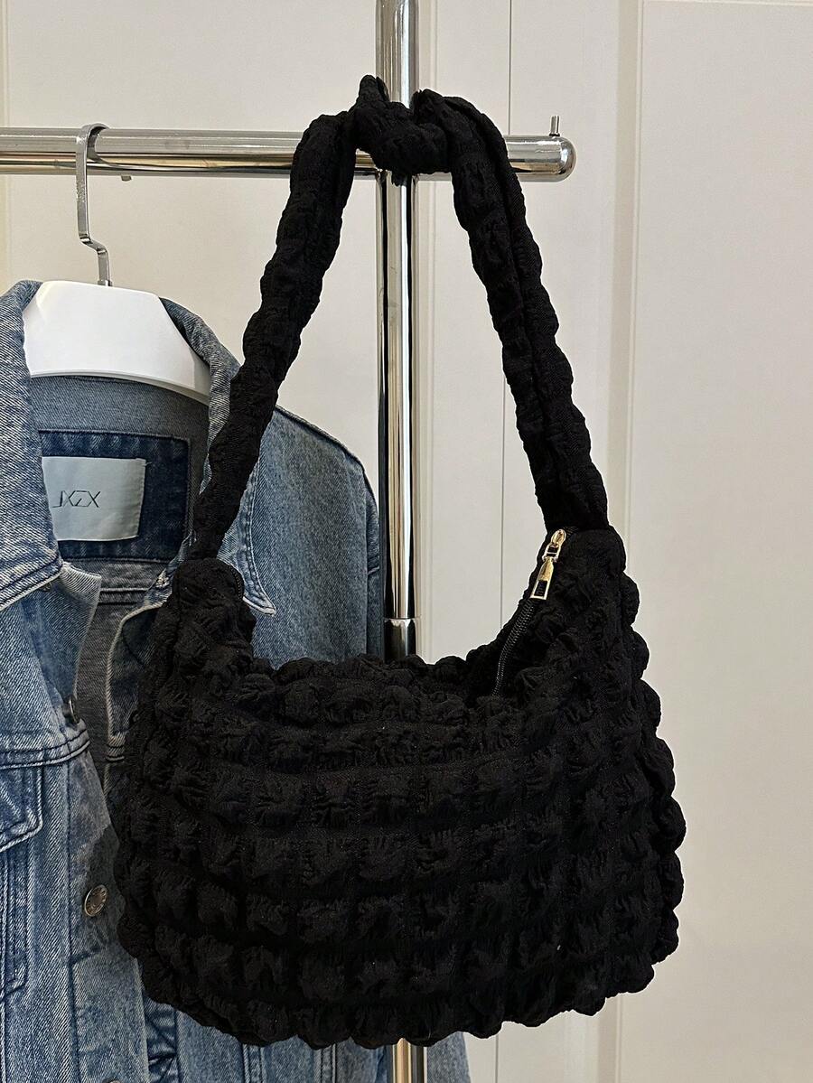 Soft Touch Large Capacity Women's Shoulder Bag, Casual Cloud Shaped Ruched Design, Korean Style New Arrival - Black - View 1