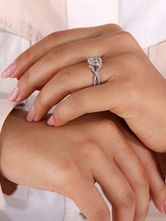 1pc Luxurious 925 Sterling Silver Princess Square White Cubic Zirconia Criss-Cross Ring For Women, Bridal, Engagement, Wedding Anniversary, Commitment Gift, Premium Jewelry