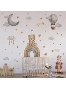 卡通熊与气球和云朵墙贴花 - 可爱儿童房贴纸，适用于儿童房，可移除防水墙壁艺术 - 彩色 - 查看 5