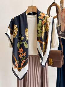 1pc Elegant Flower Pattern Printed Square Scarf Fashionable Women's Bandana Suitable For Casual Fashion Street Outing Square Scarf Shawl