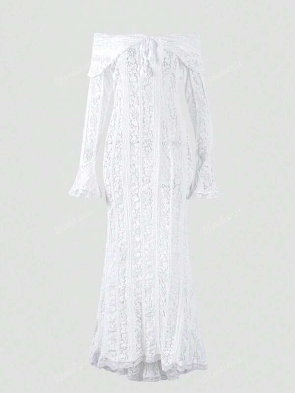 White Lace Hollow Out Bardot Long Sleeve Fitted Maxi Fishtail Dress, Party Dress, For Cocktail