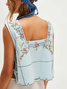 Women's Y2K Summer Floral Embroidered Tank Tops Sleeveless Square Neck Side Tie-Up Loose Fit Vest Vintage Casual Going Out Tops Streetwear - 藍色 - 查看 3
