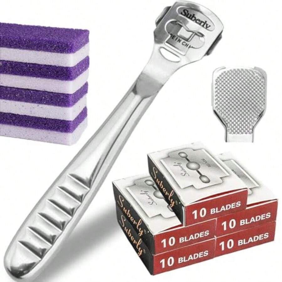 Juego de 56 piezas para eliminar callosidades:1 rasuradora de acero inoxidable para los pies con 50 cuchillas de repuesto, 1 lima para los pies, 4 piedras púrpura para fregar los pies, herramientas de cuidado de los pies, quitacallos para manos y pies - como en la foto - Ver 1