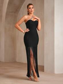 Bernatova 性感斜挎肩带奢华钻石紧身鸡尾酒会礼服，中长款名人晚会礼服，带流苏细节，适合婚礼宾客、返校节、节日、生日、晚宴 - 黑色 - 查看 4
