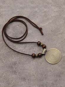 1pc Threaded Wooden Beaded & Geometric Shape Alloy Pendant Necklace Women, Vintage Sweater Chain,Personalized Retro Round Necklace - Đồng - Xem 5