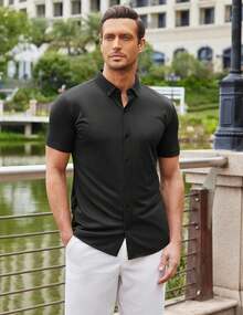 Men's Short Sleeve Casual Button Down Shark Shirts Wrinkle Free Untucked Shirt Summer Stretch Dress Shirtshalloween - 白色 - 查看 2
