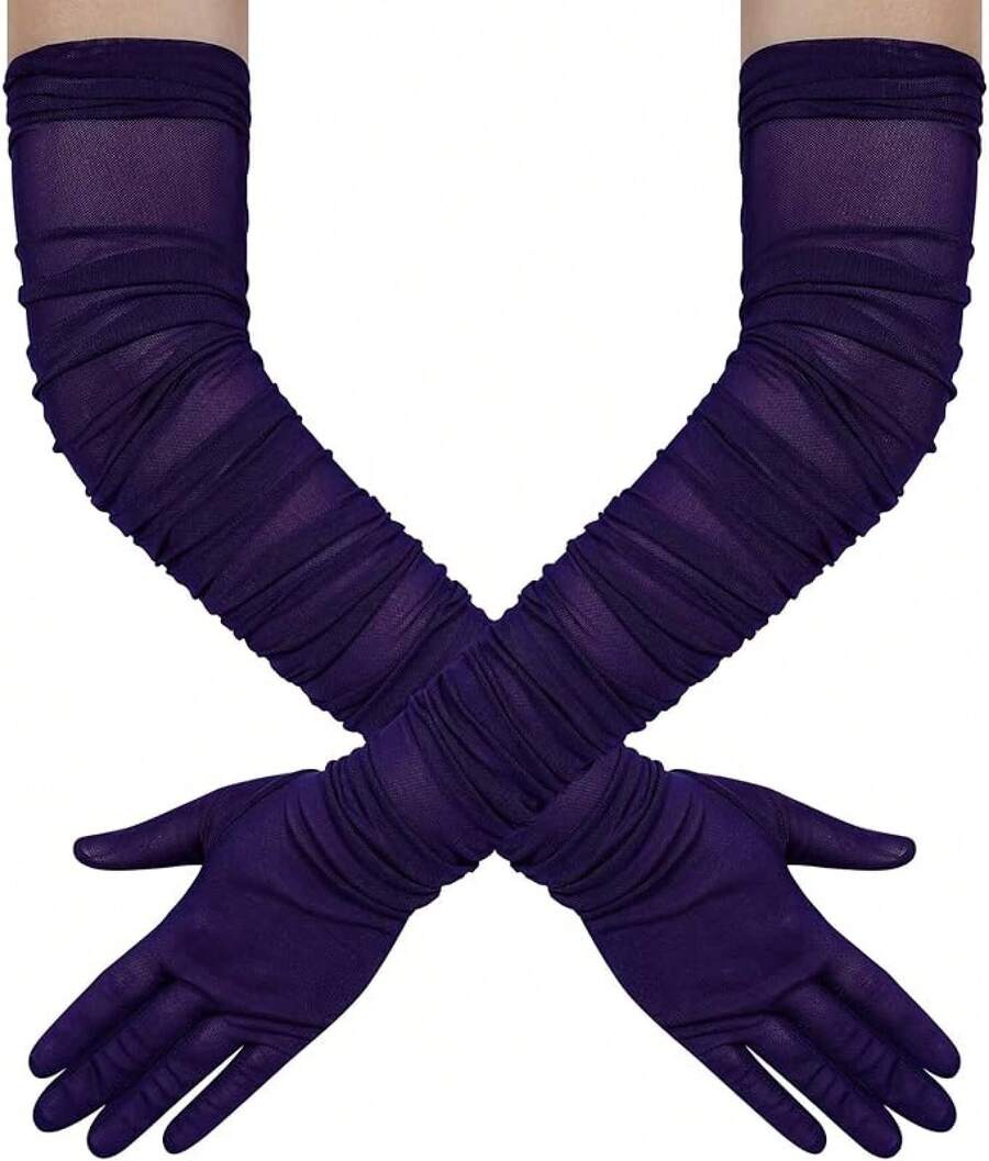 Women's Long Stretchy Ruched Mesh Tulle Sheer Gloves Costume Opera Party 1920's Dance Gloves