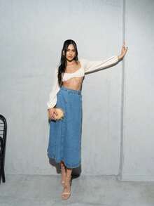 Women's A-Line Midi Denim Skirt, Stylish Winter Look - 中等水洗藍 - 查看 3