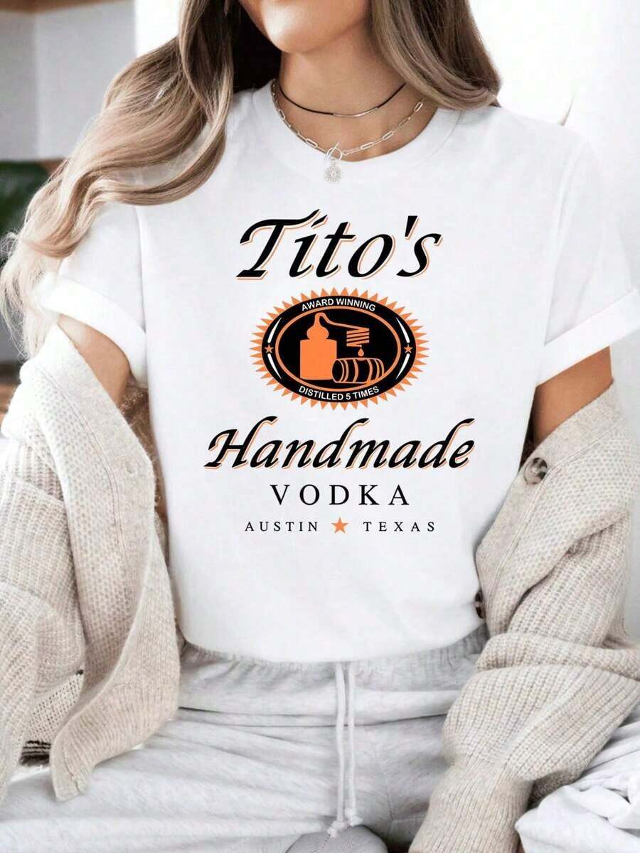 Shirt, Austin Texas Label Shirt, Vodka Alcohol Shirt, Tito'S Fan Gift, Loose Style For Women, Perfect For Holiday Parties & GiftGift For Her Letter Print Comfortable Pure Cotton Material Skin Friendly Soft And Cool Summer Women's T-Shirt - Black - View 1