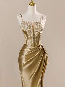 Rolarold Luxury Spaghetti Strap Satin Corset Homecoming Prom Dress With Split Thigh Bridesmaid Dress - Gold - View 6
