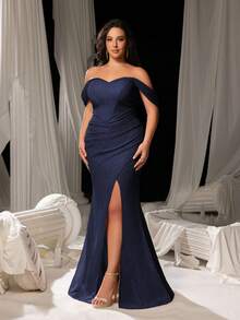 Faeriesty Curve Plus Off-Shoulder Mermaid Evening Gown With Subtle Ruching Details, Glamorous Belt & High Side Slit | Luxe Formal Design | Perfect For Weddings, Galas, Proms, And Upscale Evening Parties - Navy Blue - View 5
