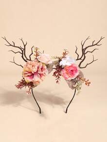 1pc Cute Deer Antler Headband, Floral Branch Wreath Headpiece, Nature Inspired Decor Prop For Photo Shoot, Women Hair Accessories - 22423 - View 3